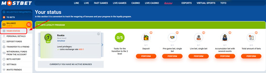 You can view your current tasks and your status in the MostBet loyalty program