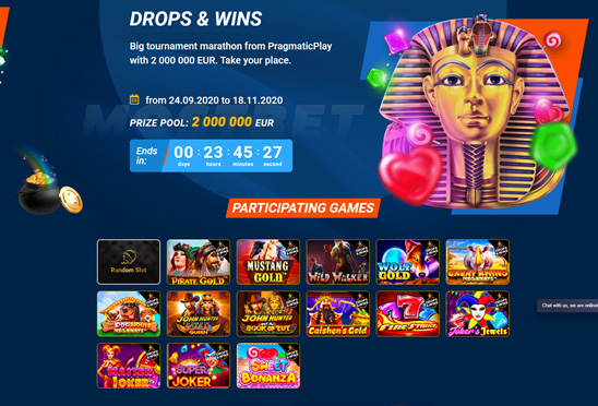 Pragmatic Play’s Drops & Wins tournament page with a prize pool of € 2,000,000